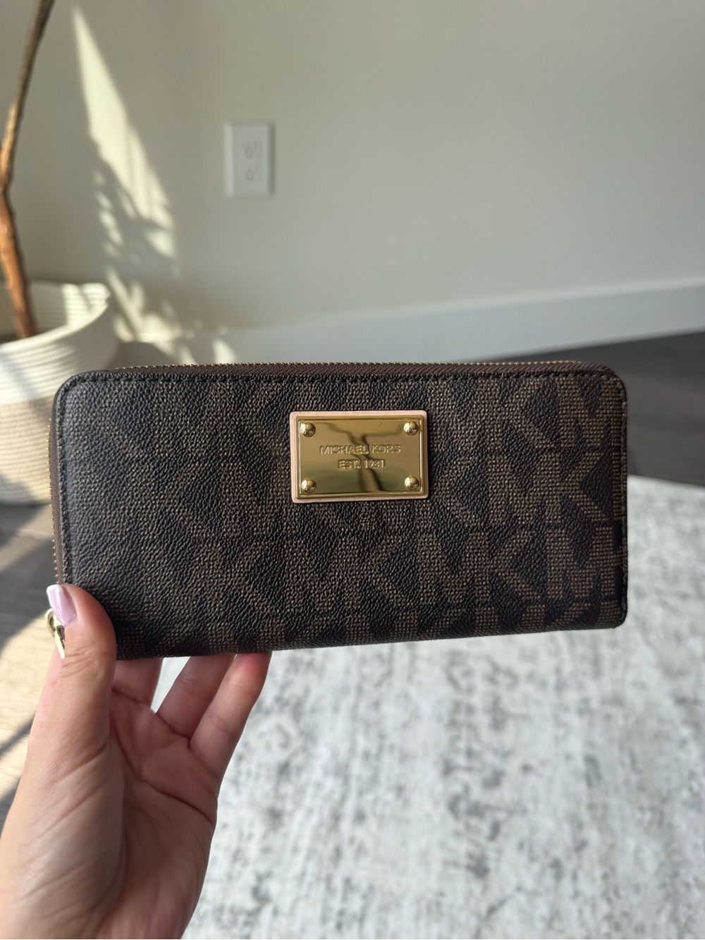 Michael Kors Dark Brown Logo Zip Wallet with Gold Plate